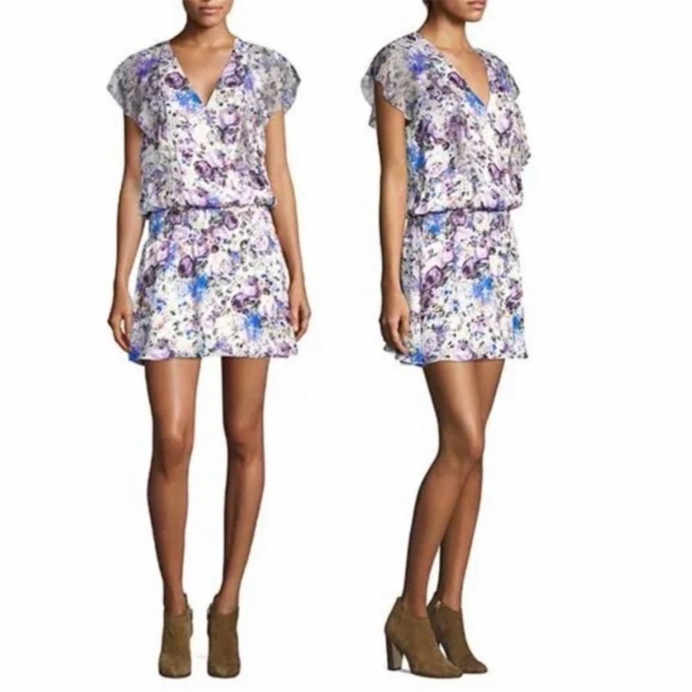 Revolve Parker Gabriella Pastel Surplice Watercolor Floral Silk Smocked Mini